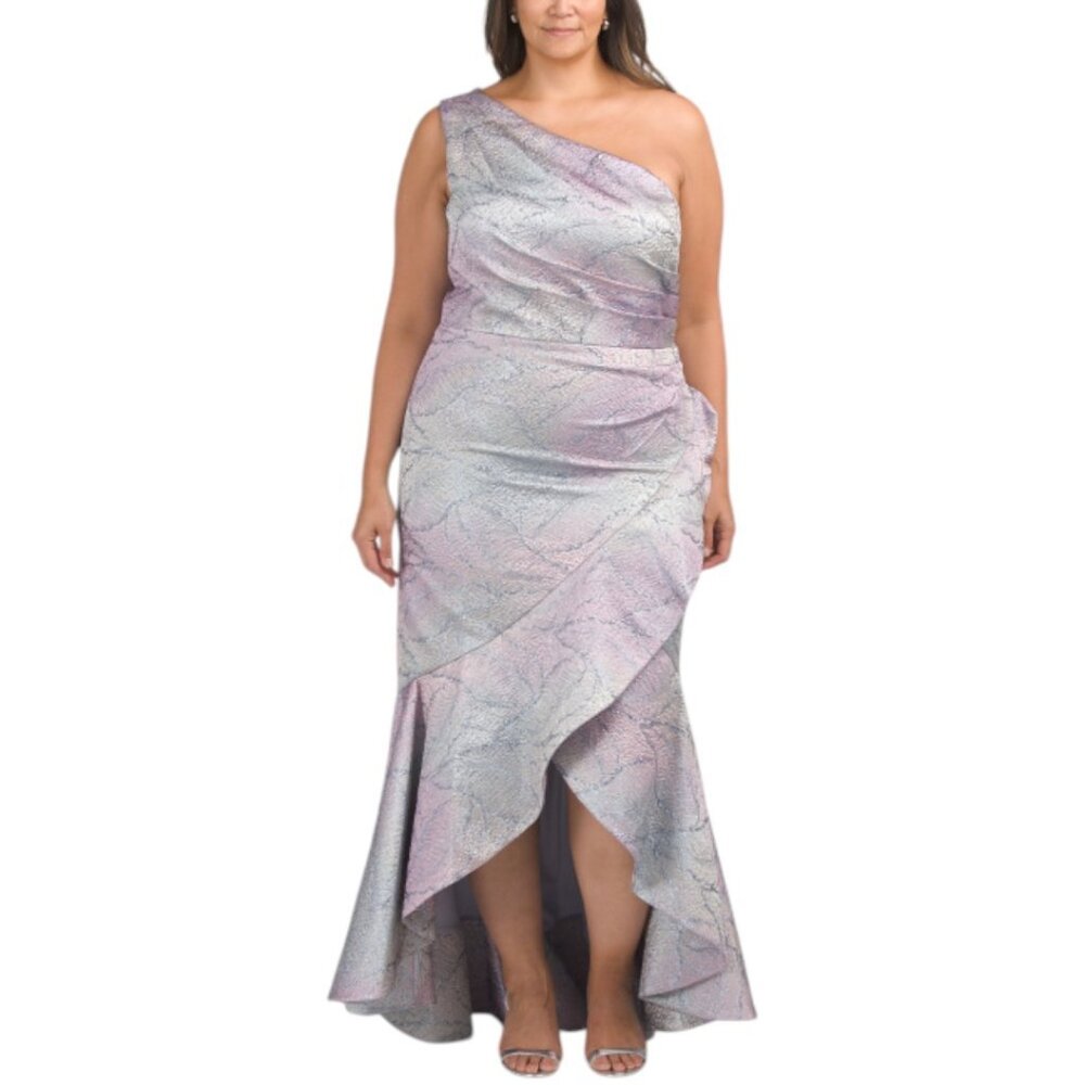 TERI JON Metallic Jacquard Knit Printed Gown